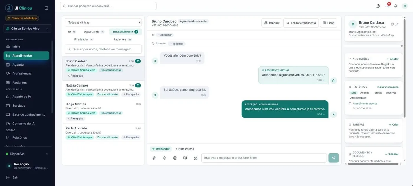 Atendimentos da JI Clínica com o filtro Todas as clínicas: a lista de conversas marcadas com a clínica de cada paciente e uma conversa aberta com respostas do assistente virtual e da recepção.