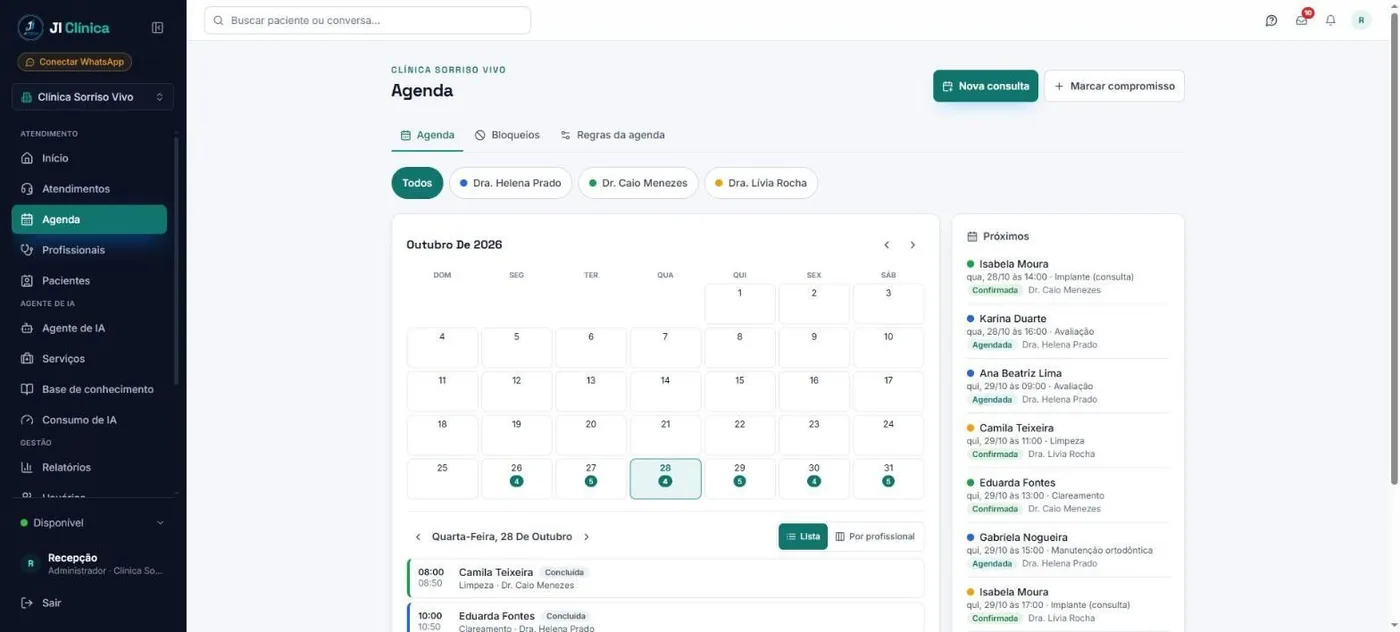 Agenda da JI Clínica em outubro, com o número de consultas em cada dia, o filtro por profissional e a lista dos próximos horários com paciente, serviço e situação.
