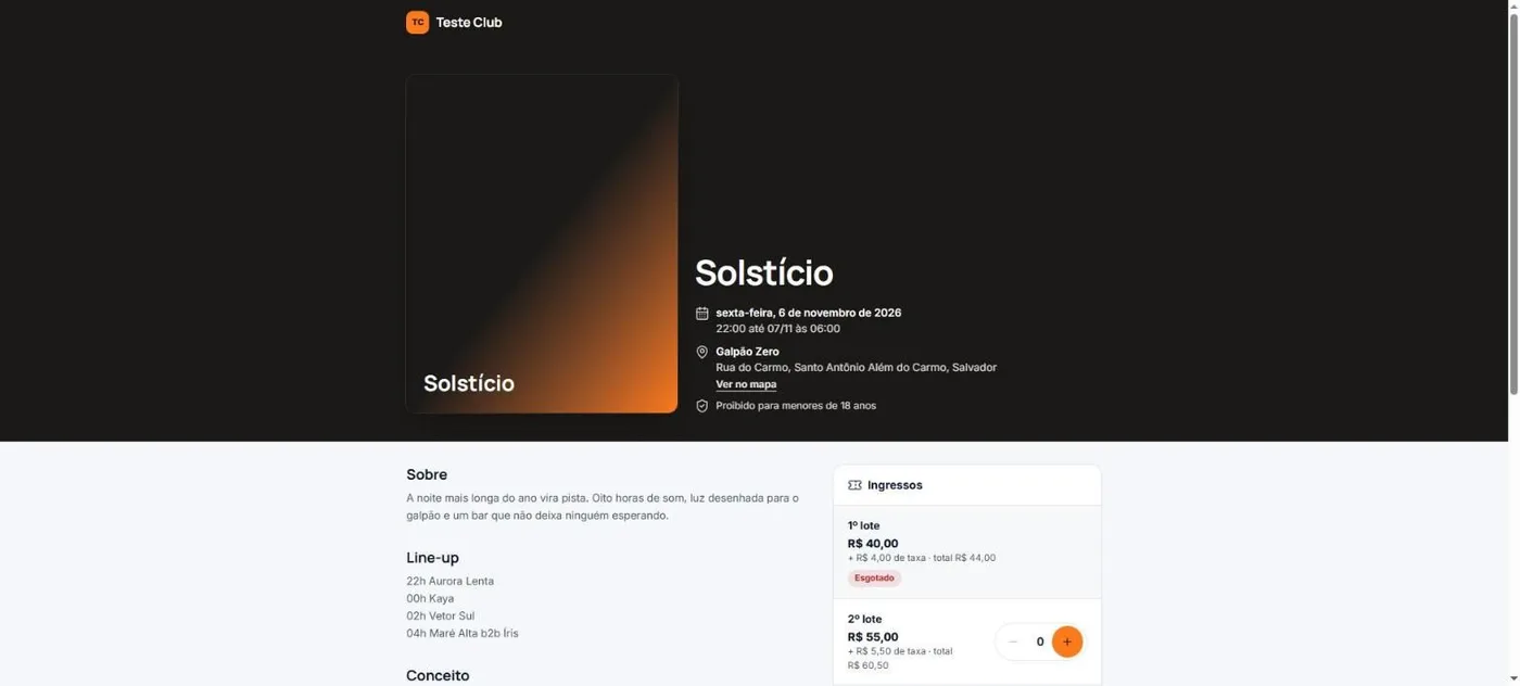 Loja de um evento de demonstração no JI Eventos, como o público vê: nome, data, local e classificação etária do evento, a descrição, a programação e os ingressos por lote com o valor da taxa.