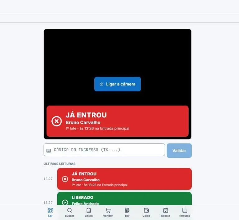 Tela da porta do JI Eventos no celular: leitor de QR Code, um ingresso recusado com o aviso Já entrou e o horário da primeira entrada, e as últimas leituras abaixo.