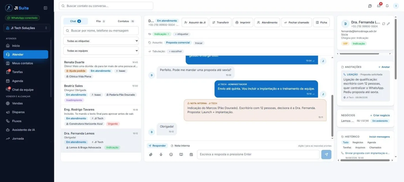 Conversa aberta na JI Suíte com uma nota interna em amarelo entre as mensagens, visível apenas para a equipe.
